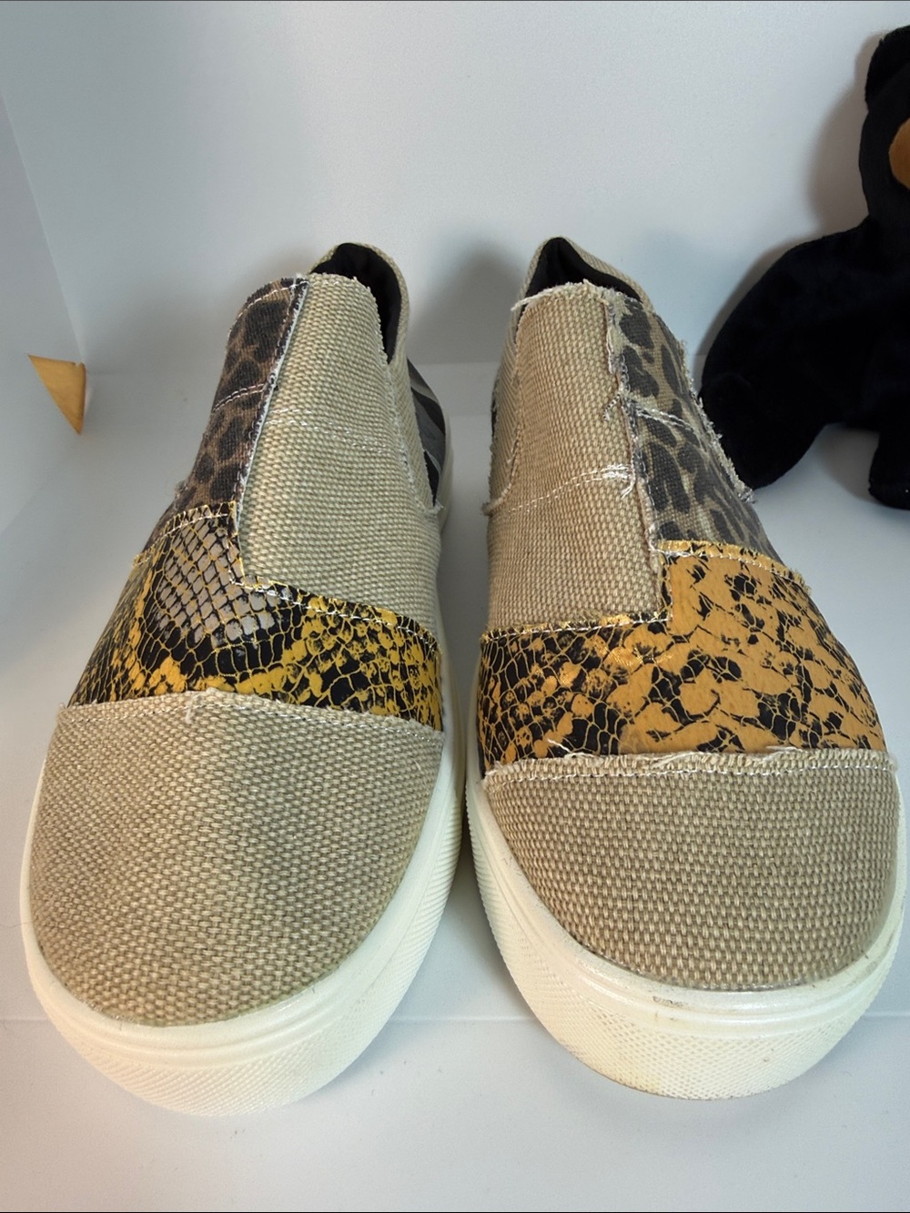 Slip-On Canvas Sneakers with Leopard & Snake Print Accents - Beige